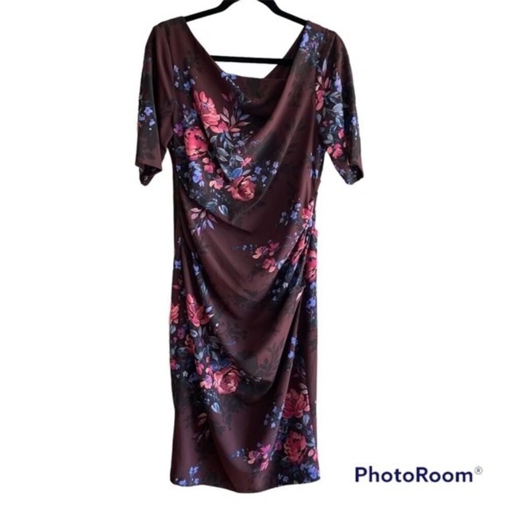 Adrianna Papell Womens Size 10 Burgundy Floral Midi Length Dress‎ ASO Kathie Lee